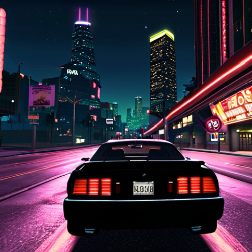 Home 8 Los Santos at Night**
Prompt: Nighttime in Los Santos. A neon-lit cityscape with iconic landmarks. A stylish car speeds down the highway. Include a subtle "GTA V" logo.
**