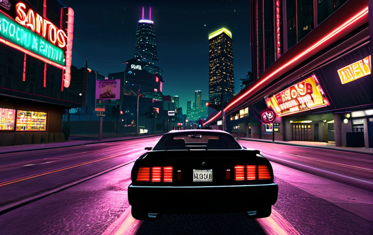 Los Santos at Night**

Prompt: Nighttime in Los Santos. A neon-lit cityscape with iconic landmarks. A stylish car speeds down the highway. Include a subtle "GTA V" logo.

**