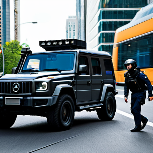 Home 21 A highly skilled professional driver, wearing a practical, modest driving suit, piloting a heavily armored, dark-colored tactical vehicle with reinforced plating and robust tires. The vehicle executes a precise evasive maneuver through a busy urban intersection, narrowly avoiding civilian traffic, demonstrating exceptional control and strategic thinking. The scene is a modern city street during daylight, with sleek skyscrapers, bustling pedestrian activity blurred in the background, and well-maintained asphalt. High-resolution, cinematic lighting, dynamic angle, professional photography, safe for work, appropriate content, fully clothed, professional dress, perfect anatomy, correct proportions, natural pose, well-formed hands, proper finger count, natural body proportions.