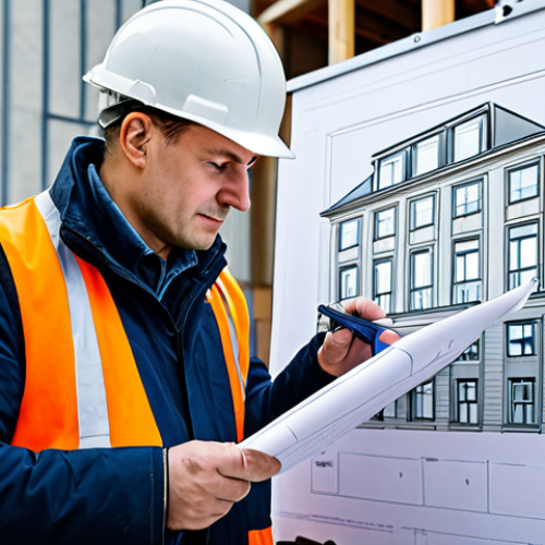 Home 12 A professional architect in a hard hat, reviewing blueprints on a construction site in Warsaw, fully clothed, appropriate attire, safe for work, perfect anatomy, natural proportions, professional photography, high quality.