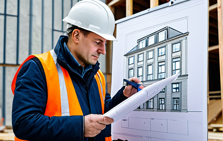 A professional architect in a hard hat, reviewing blueprints on a construction site in Warsaw, fully clothed, appropriate attire, safe for work, perfect anatomy, natural proportions, professional photography, high quality.